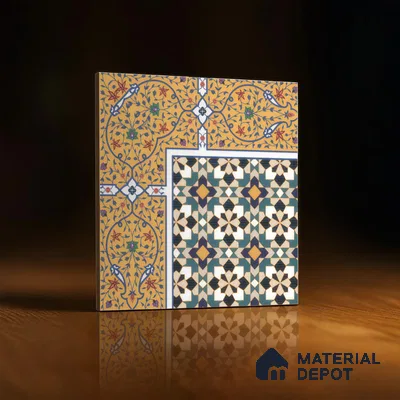 Moroccan Carpet Floor Tile TL 00205 A Corner Yellow & Blue 1 ft x 1 ft Matte Finish Ceramic Tile - 9 mm | Suitable For Living Room, Kitchen, Dining Area | Please Expect a Slight Variation of Pattern