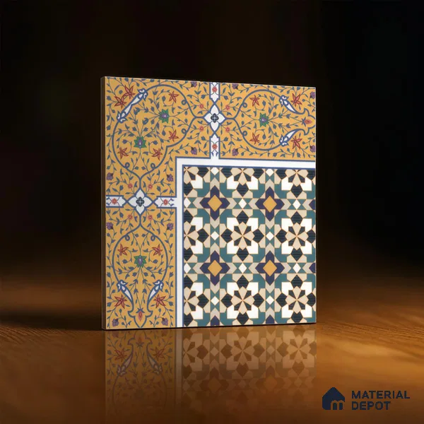 Moroccan Carpet Floor Tile TL 00205 A Corner Yellow & Blue 1 ft x 1 ft Matte Finish Ceramic Tile - 9 mm | Suitable For Living Room, Kitchen, Dining Area | Please Expect a Slight Variation of Pattern