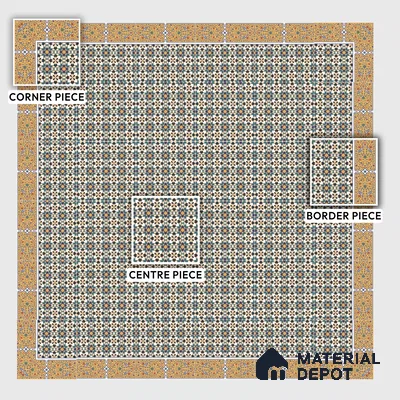 Moroccan Carpet Floor Tile TL 00205 A Corner Yellow & Blue 1 ft x 1 ft Matte Finish Ceramic Tile - 9 mm | Suitable For Living Room, Kitchen, Dining Area | Please Expect a Slight Variation of Pattern