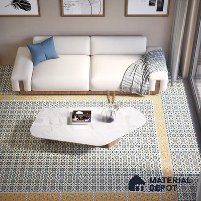 Moroccan Carpet Floor Tile TL 00205 A Corner Yellow & Blue 1 ft x 1 ft Matte Finish Ceramic Tile - 9 mm | Suitable For Living Room, Kitchen, Dining Area | Please Expect a Slight Variation of Pattern