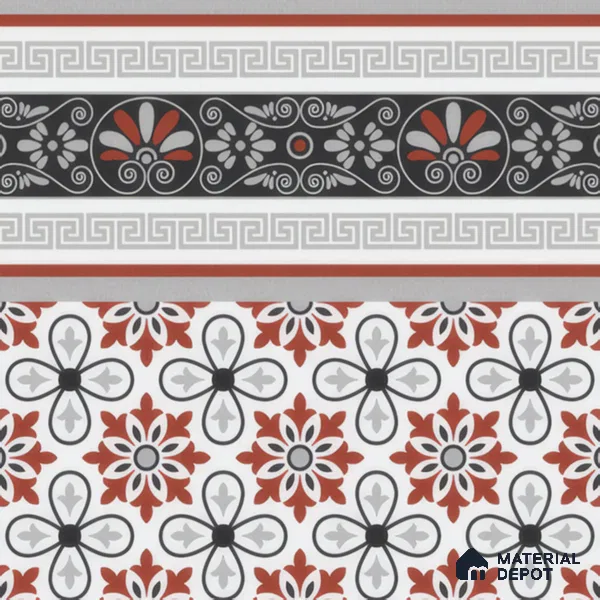 Moroccan Carpet Floor Tile TL 00206 B Border Red & White 1 ft x 1 ft Matte Finish Ceramic Tile - 9 mm | Suitable For Living Room, Kitchen, Dining Area | Please Expect a Slight Variation of Pattern