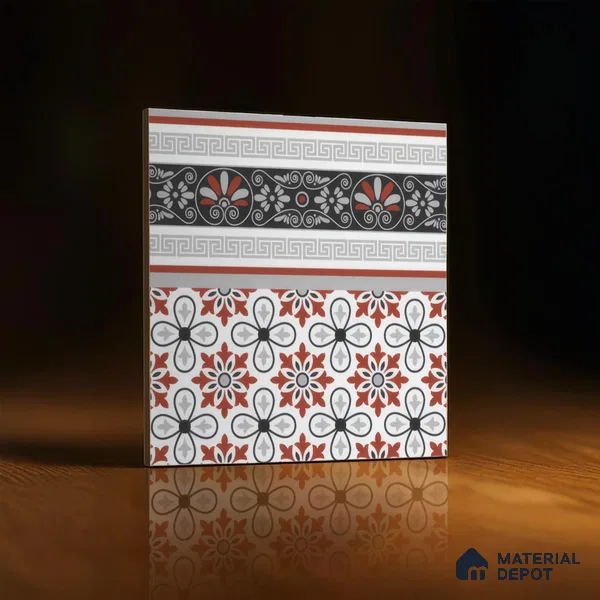 Moroccan Carpet Floor Tile TL 00206 B Border Red & White 1 ft x 1 ft Matte Finish Ceramic Tile - 9 mm | Suitable For Living Room, Kitchen, Dining Area | Please Expect a Slight Variation of Pattern