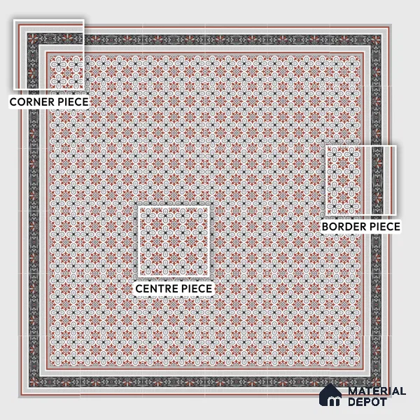 Moroccan Carpet Floor Tile TL 00206 B Border Red & White 1 ft x 1 ft Matte Finish Ceramic Tile - 9 mm | Suitable For Living Room, Kitchen, Dining Area | Please Expect a Slight Variation of Pattern