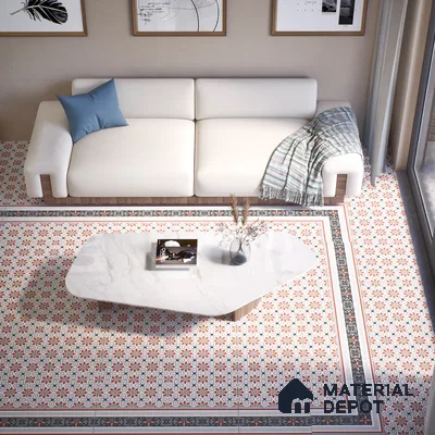 Moroccan Carpet Floor Tile TL 00206 B Border Red & White 1 ft x 1 ft Matte Finish Ceramic Tile - 9 mm | Suitable For Living Room, Kitchen, Dining Area | Please Expect a Slight Variation of Pattern