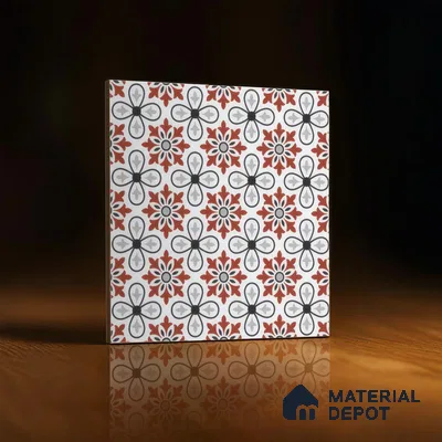 Moroccan Carpet Wall & Floor Tile TL 00206 C Centre Red & White 1 ft x 1 ft Matte Finish Ceramic Tile - 9 mm | Suitable For Living Room, Kitchen, Bathroom | Please Expect a Slight Variation of Pattern