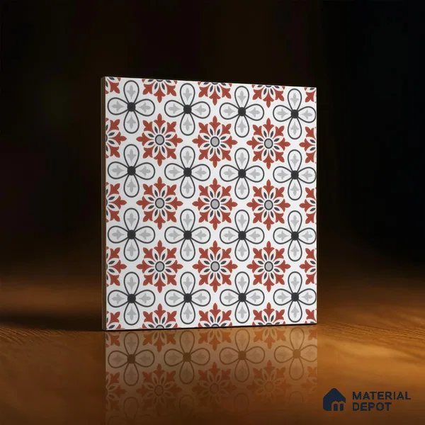 Moroccan Carpet Wall & Floor Tile TL 00206 C Centre Red & White 1 ft x 1 ft Matte Finish Ceramic Tile - 9 mm | Suitable For Living Room, Kitchen, Bathroom | Please Expect a Slight Variation of Pattern
