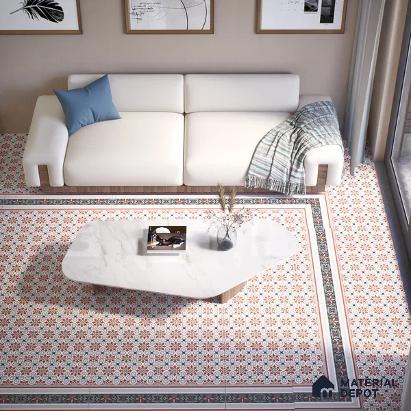 Moroccan Carpet Wall & Floor Tile TL 00206 C Centre Red & White 1 ft x 1 ft Matte Finish Ceramic Tile - 9 mm | Suitable For Living Room, Kitchen, Bathroom | Please Expect a Slight Variation of Pattern