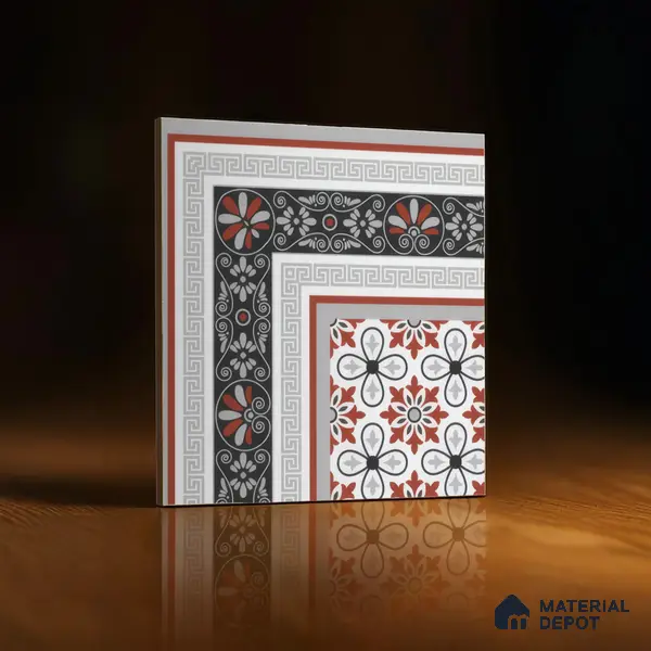 Moroccan Carpet Floor Tile TL 00206 A Corner Red & White 1 ft x 1 ft Matte Finish Ceramic Tile - 9 mm | Suitable For Living Room, Kitchen, Bathroom | Please Expect a Slight Variation of Pattern