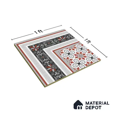 Moroccan Carpet Floor Tile TL 00206 A Corner Red & White 1 ft x 1 ft Matte Finish Ceramic Tile - 9 mm | Suitable For Living Room, Kitchen, Bathroom | Please Expect a Slight Variation of Pattern