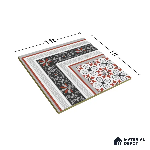 Moroccan Carpet Floor Tile TL 00206 A Corner Red & White 1 ft x 1 ft Matte Finish Ceramic Tile - 9 mm | Suitable For Living Room, Kitchen, Bathroom | Please Expect a Slight Variation of Pattern