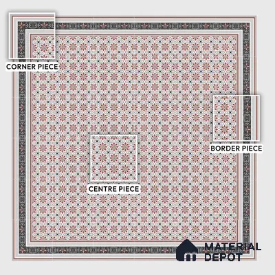 Moroccan Carpet Floor Tile TL 00206 A Corner Red & White 1 ft x 1 ft Matte Finish Ceramic Tile - 9 mm | Suitable For Living Room, Kitchen, Bathroom | Please Expect a Slight Variation of Pattern