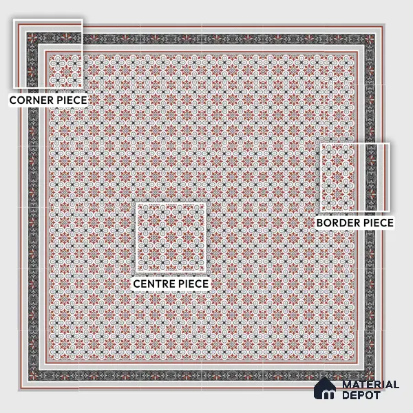 Moroccan Carpet Floor Tile TL 00206 A Corner Red & White 1 ft x 1 ft Matte Finish Ceramic Tile - 9 mm | Suitable For Living Room, Kitchen, Bathroom | Please Expect a Slight Variation of Pattern