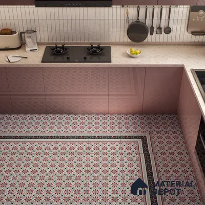 Moroccan Carpet Floor Tile TL 00206 A Corner Red & White 1 ft x 1 ft Matte Finish Ceramic Tile - 9 mm | Suitable For Living Room, Kitchen, Bathroom | Please Expect a Slight Variation of Pattern