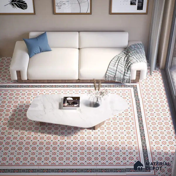 Moroccan Carpet Floor Tile TL 00206 A Corner Red & White 1 ft x 1 ft Matte Finish Ceramic Tile - 9 mm | Suitable For Living Room, Kitchen, Bathroom | Please Expect a Slight Variation of Pattern