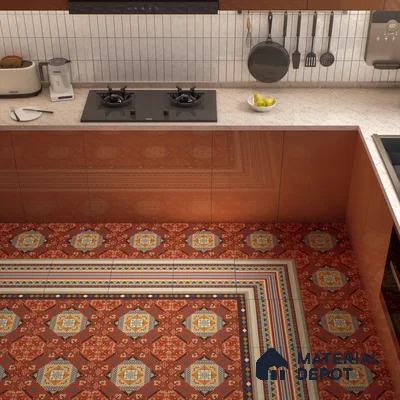 Moroccan Carpet Floor Tile TL 00204 B Border Red 1 ft x 1 ft Matte Finish Ceramic Tile - 9 mm | Suitable For Living Room, Kitchen, Dining Area | Please Expect a Slight Variation of Pattern