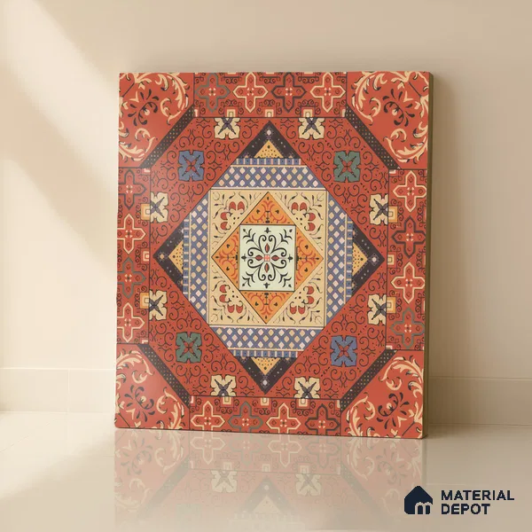 Moroccan Carpet Wall & Floor Tile TL 00204 C Centre Red 1 ft x 1 ft Matte Finish Ceramic Tile - 9 mm | Suitable For Living Room, Kitchen, Bathroom | Please Expect a Slight Variation of Pattern