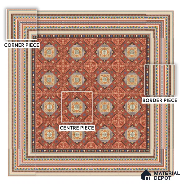 Moroccan Carpet Wall & Floor Tile TL 00204 C Centre Red 1 ft x 1 ft Matte Finish Ceramic Tile - 9 mm | Suitable For Living Room, Kitchen, Bathroom | Please Expect a Slight Variation of Pattern