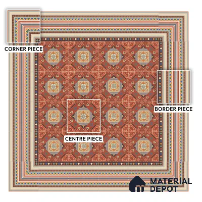 Moroccan Carpet Floor Tile TL 00204 A Corner Red 1 ft x 1 ft Matte Finish Ceramic Tile - 9 mm | Suitable For Living Room, Kitchen, Dining Area | Please Expect a Slight Variation of Pattern