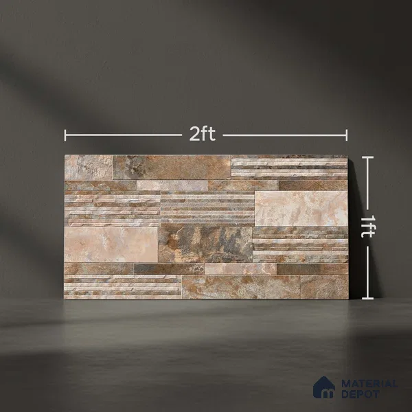 Stacked Stone Wall Tile TL 06587 B Magma Oxido 2 ft x 1 ft Ceramic Matte Finish - 9 mm | Suitable for Courtyard, Stair Lobby Wall, Balcony, Elevation (Sample)