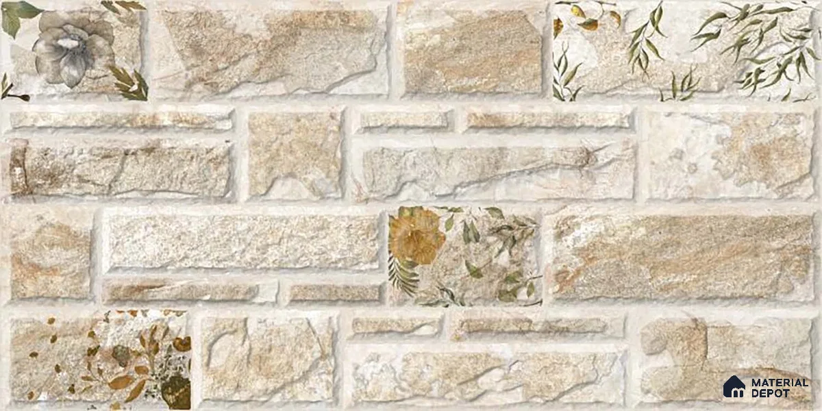 Stacked Stone Wall Tile TL 06592 Sella Crema 2 ft x 1 ft Ceramic Matte Finish - 9 mm | Suitable for Courtyard, Foyer, Balcony, Elevation (Sample)