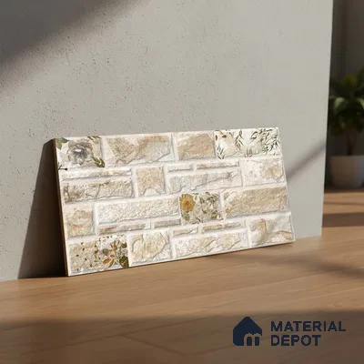 Stacked Stone Wall Tile TL 06592 Sella Crema 2 ft x 1 ft Ceramic Matte Finish - 9 mm | Suitable for Courtyard, Foyer, Balcony, Elevation (Sample)