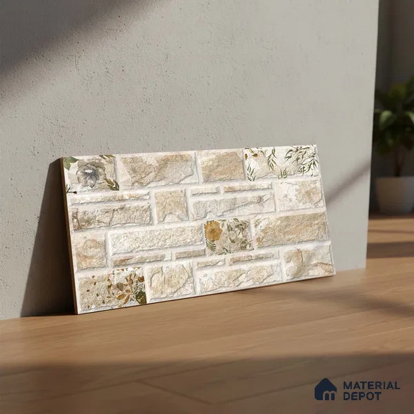 Stacked Stone Wall Tile TL 06592 Sella Crema 2 ft x 1 ft Ceramic Matte Finish - 9 mm | Suitable for Courtyard, Foyer, Balcony, Elevation (Sample)