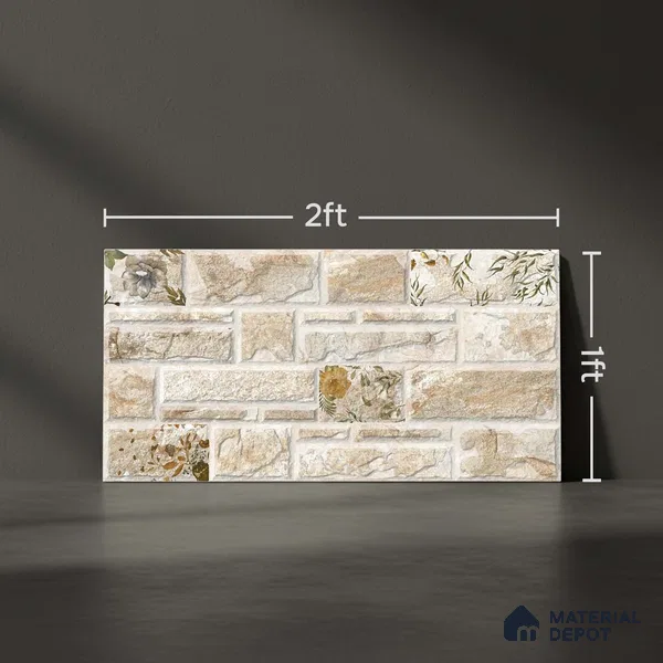 Stacked Stone Wall Tile TL 06592 Sella Crema 2 ft x 1 ft Ceramic Matte Finish - 9 mm | Suitable for Courtyard, Foyer, Balcony, Elevation (Sample)