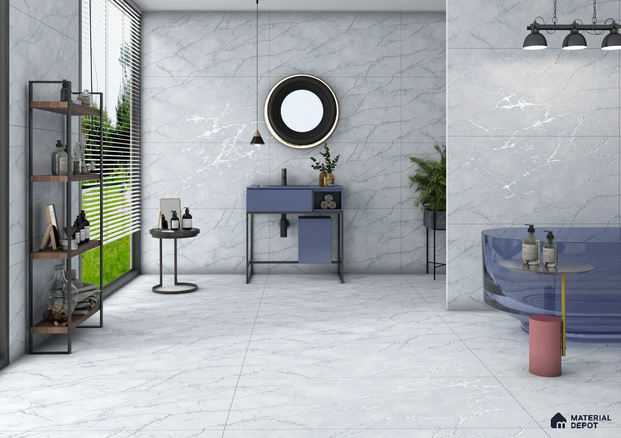 Modern Bathroom with Light Blue Marble Tiles | Material Depot