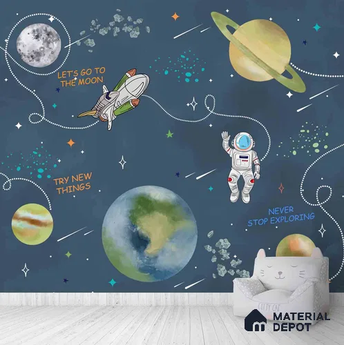 Customized Space Theme Wallpaper for Kids Room, Planets, rockets, Astronauts, Blue Sparkla N Shine Series Canvas Space Design (Customised Size Wallpaper)