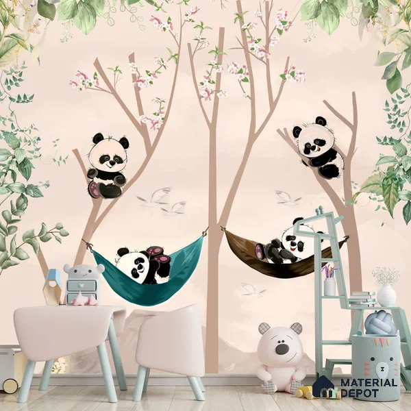 Cute Panda on Hammock Wallpaper for Kids Room Wall, Customised Sparkla N Shine Series Canvas Entertainment Design (Customised Size Wallpaper)