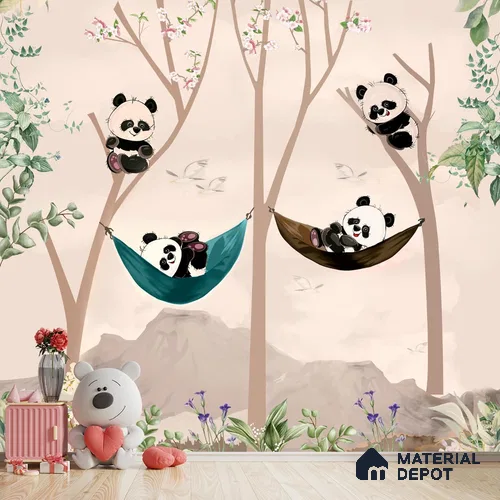 Cute Panda on Hammock Wallpaper for Kids Room Wall, Customised Sparkla N Shine Series Soft Feel Entertainment Design (Customised Size Wallpaper)