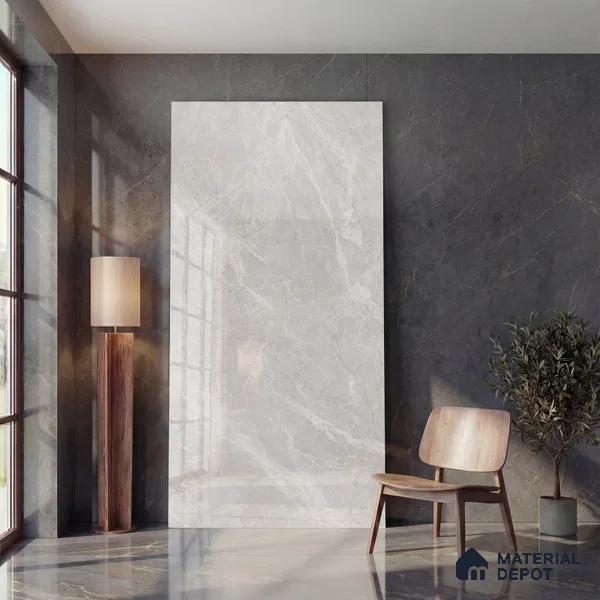 Large Format Endless Floor & Wall Tile TL 10579 Floris Bianco 8 ft x 4 ft Colour Body Vitrified Glossy Finish - 9 mm | Suitable for Living Room, Bedroom, Bathroom | Adhesive and Spacers Must be Used During Installation