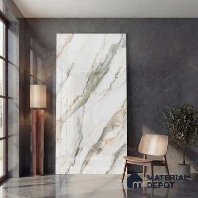 Large Format Endless Floor & Wall Tile TL 10587 Calacatta Oric 8 ft x 4 ft Colour Body Vitrified Glossy Finish - 9 mm | Suitable for Living Room, Bedroom, Bathroom | Adhesive and Spacers Must be Used During Installation
