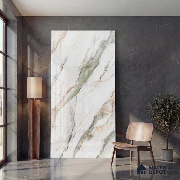 Large Format Endless Floor & Wall Tile TL 10587 Calacatta Oric 8 ft x 4 ft Colour Body Vitrified Glossy Finish - 9 mm | Suitable for Living Room, Bedroom, Bathroom | Adhesive and Spacers Must be Used During Installation