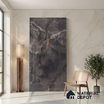 Large Format Endless Floor & Wall Tile TL 10586 Thunder Onyx 8 ft x 4 ft Colour Body Vitrified Glossy Finish - 9 mm | 2 Random Design | Suitable for Living Room, Bedroom, Bathroom | Adhesive and Spacers Must be Used During Installation