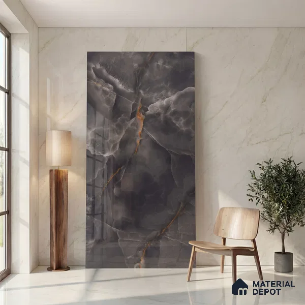 Large Format Endless Floor & Wall Tile TL 10586 Thunder Onyx 8 ft x 4 ft Colour Body Vitrified Glossy Finish - 9 mm | 2 Random Design | Suitable for Living Room, Bedroom, Bathroom | Adhesive and Spacers Must be Used During Installation