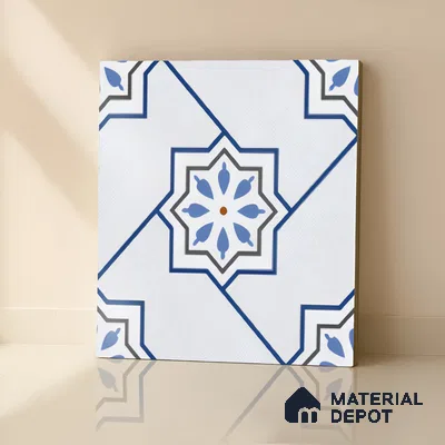 Moroccan Wall & Floor Tile TL 04939 Marrakech Blossom Blues 1 ft x 1 ft Ceramic Matte Finish - 9 mm | Suitable for Bathroom, Kitchen, Balcony | Please Expect a Slight Variation of Pattern (Sample)