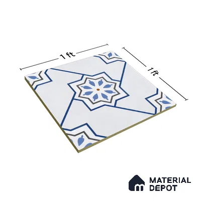 Moroccan Wall & Floor Tile TL 04939 Marrakech Blossom Blues 1 ft x 1 ft Ceramic Matte Finish - 9 mm | Suitable for Bathroom, Kitchen, Balcony | Please Expect a Slight Variation of Pattern (Sample)