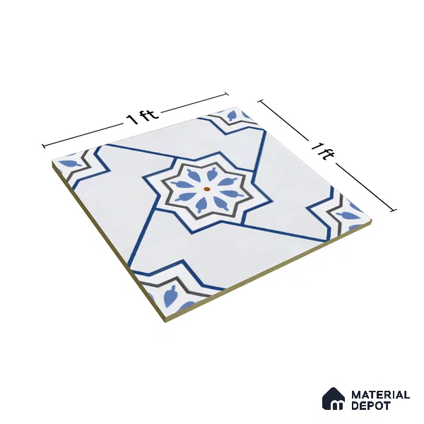 Moroccan Wall & Floor Tile TL 04939 Marrakech Blossom Blues 1 ft x 1 ft Ceramic Matte Finish - 9 mm | Suitable for Bathroom, Kitchen, Balcony | Please Expect a Slight Variation of Pattern (Sample)