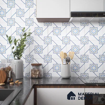 Moroccan Wall & Floor Tile TL 04939 Marrakech Blossom Blues 1 ft x 1 ft Ceramic Matte Finish - 9 mm | Suitable for Bathroom, Kitchen, Balcony | Please Expect a Slight Variation of Pattern (Sample)