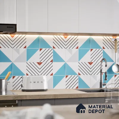 Abstract Wall & Floor Tile TL 04942 Marrakech Ocean White 1 ft x 1 ft Ceramic Matte Finish - 9 mm | Random 2 | Suitable for Living Room, Bedroom, Bathroom, Courtyard, Balcony | Please Expect a Slight Variation of Pattern (Sample)
