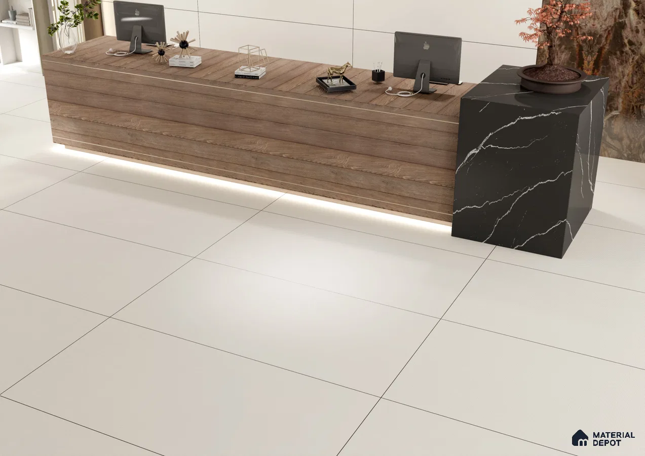 Elegant Reception Desk with Minimalist Large-Format Tiles | Material Depot