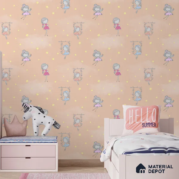 Fairies in the Sky, Wallpaper Design for Girls Room, Peach 10 Meter x 19.68 Inches Soft Feel Paper Type Wallpaper -54 Sq. Ft. | Minimum 15% wastage during installation