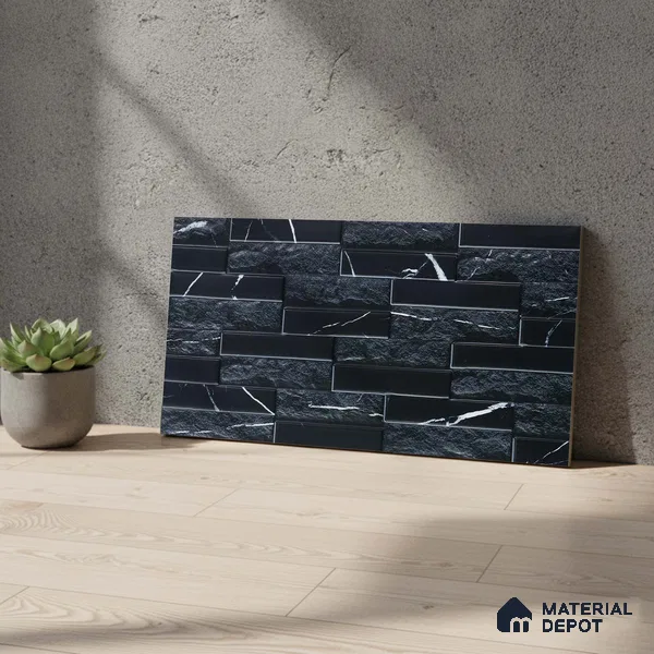 Faux Subway Wall Tile TL 05380 Miraq Marquina Black 2 ft x 1 ft Ceramic Matte Finish - 8 mm | Suitable For Kitchen, Bathroom Walls and Backsplashes | Please Expect a Slight Variation of Pattern