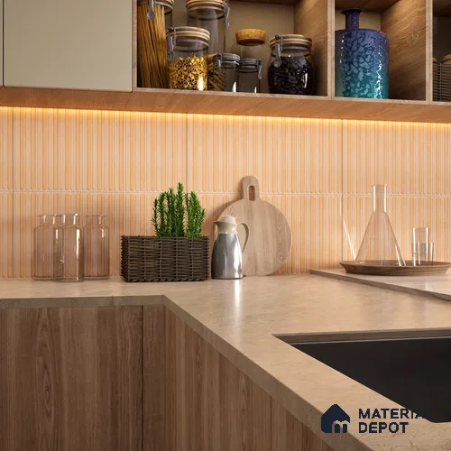 Faux Subway Wall Tile TL 05377 C Miraq Ripple Stripes Beige 2 ft x 1 ft Ceramic Glossy Finish - 8 mm | Suitable For Kitchen, Bathroom Walls and Backsplashes | Please Expect a Slight Variation of Pattern