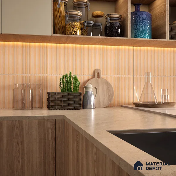Faux Subway Wall Tile TL 05377 C Miraq Ripple Stripes Beige 2 ft x 1 ft Ceramic Glossy Finish - 8 mm | Suitable For Kitchen, Bathroom Walls and Backsplashes | Please Expect a Slight Variation of Pattern