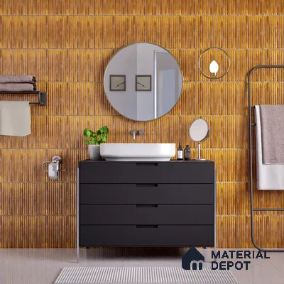 Faux Subway Wall Tile TL 05377 D Miraq Ripple Stripes Gold 2 ft x 1 ft Ceramic Glossy Finish - 8 mm | Suitable For Kitchen, Bathroom Walls and Backsplashes | Please Expect a Slight Variation of Pattern (Sample)