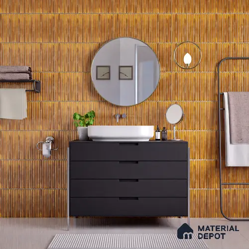 Faux Subway Wall Tile TL 05377 D Miraq Ripple Stripes Gold 2 ft x 1 ft Ceramic Glossy Finish - 8 mm | Suitable For Kitchen, Bathroom Walls and Backsplashes | Please Expect a Slight Variation of Pattern