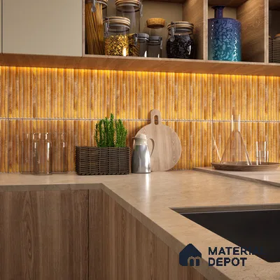 Faux Subway Wall Tile TL 05377 D Miraq Ripple Stripes Gold 2 ft x 1 ft Ceramic Glossy Finish - 8 mm | Suitable For Kitchen, Bathroom Walls and Backsplashes | Please Expect a Slight Variation of Pattern (Sample)