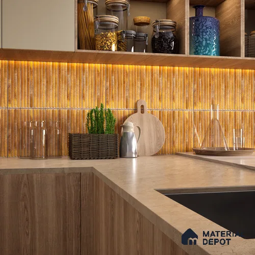 Faux Subway Wall Tile TL 05377 D Miraq Ripple Stripes Gold 2 ft x 1 ft Ceramic Glossy Finish - 8 mm | Suitable For Kitchen, Bathroom Walls and Backsplashes | Please Expect a Slight Variation of Pattern